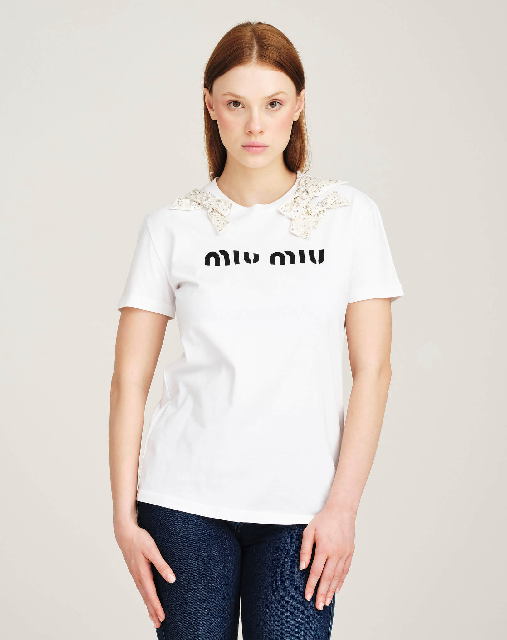 Miu Miu - Embellished Cotton Logo Front Tshirt M